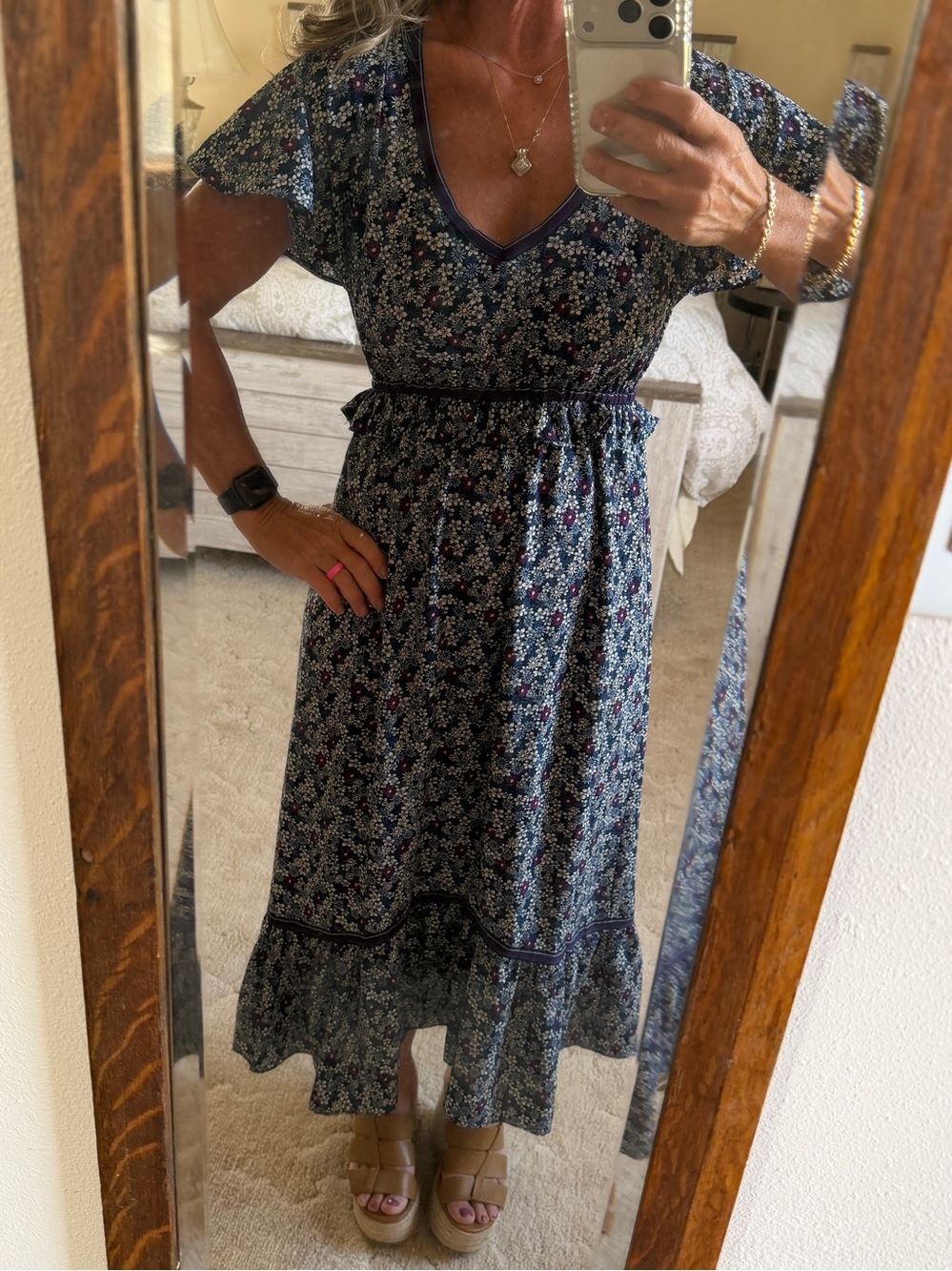 Max Studio Navy Floral Maxi Dress with Pink Accents